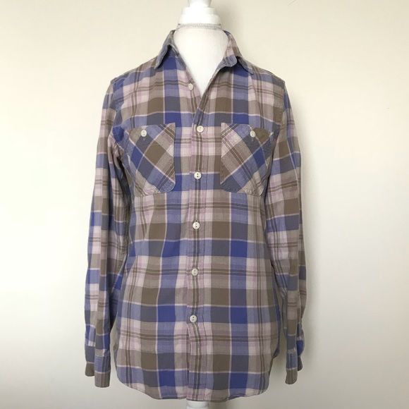 J. Crew Tops - J. Crew tan and purple oversized flannel size XS